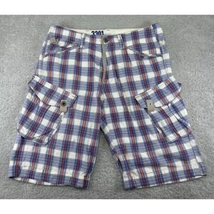 G-Star RAW Mens 33 Rovic Zip Relaxed Cargo Shorts Blue Plaid 34 Waist 12 Inseam